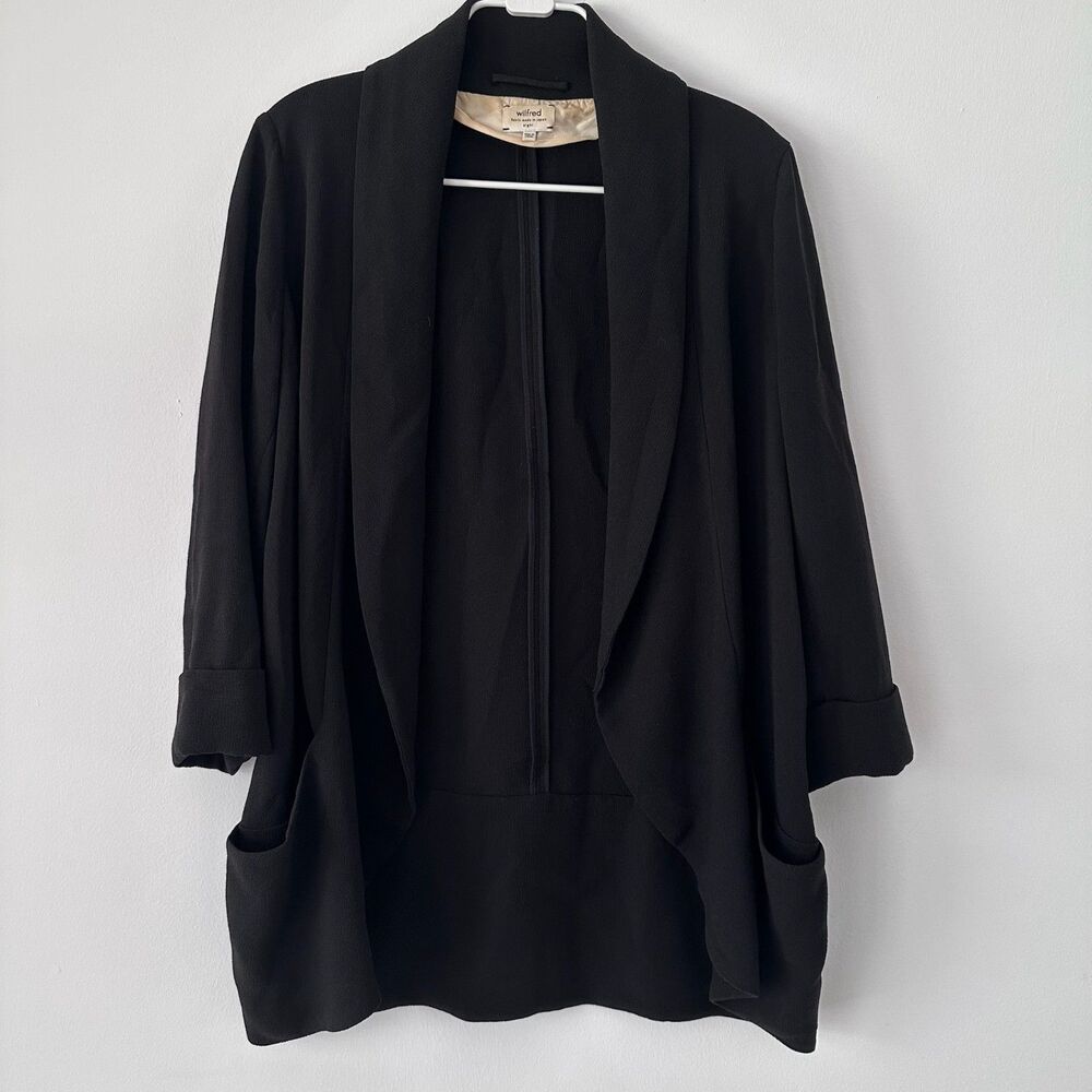 Aritzia Wilfred Chevalier Blazer Japanese Crepe Black Open Front Relaxed Sz 8